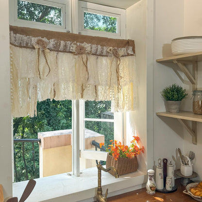 Rustic Unique Burlap Beige ivory Lace Valance, Burlap Farmhouse Kitchen Swag Window Curtain, Shabby Burlap Beige Lace Curtain, Custom Sizes