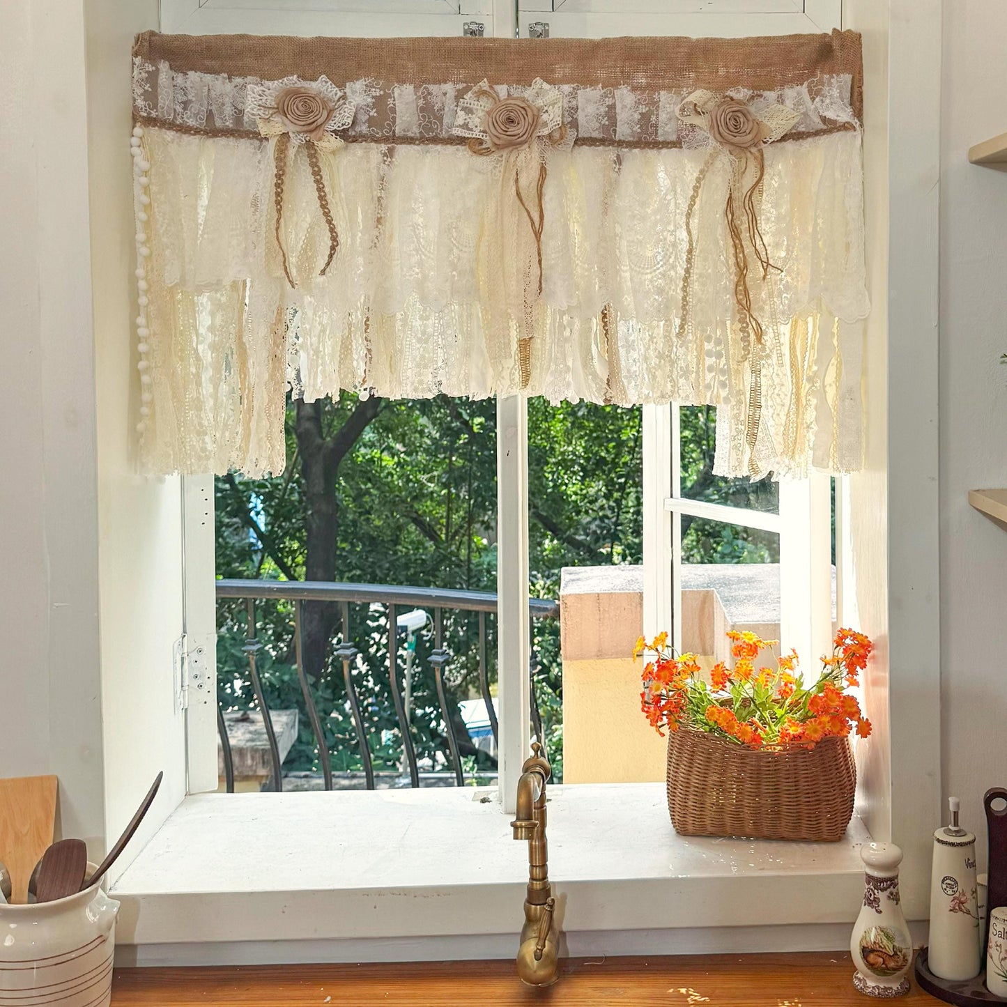 Rustic Unique Burlap Beige ivory Lace Valance, Burlap Farmhouse Kitchen Swag Window Curtain, Shabby Burlap Beige Lace Curtain, Custom Sizes