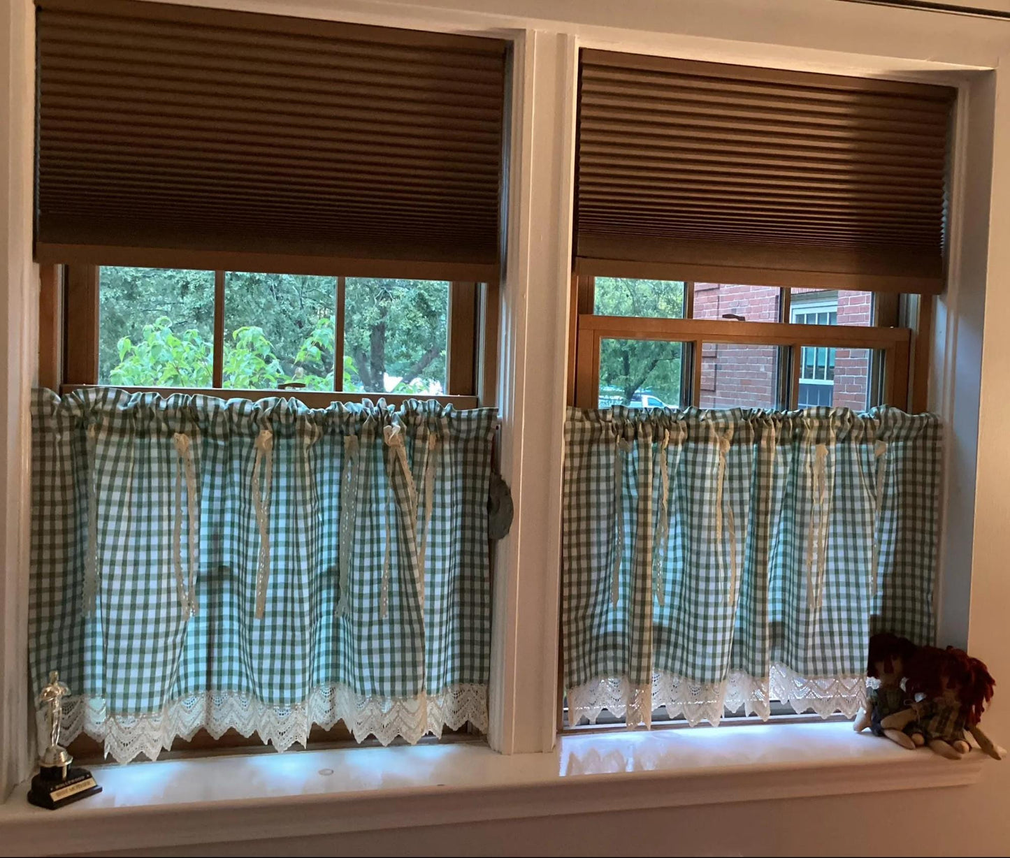 Green Gingham Cafe Curtains Valances with Lace, Farmhouse Country Kitchen Short Curtains, Cotton Linen Half Curtains, Custom Curtains Sizes