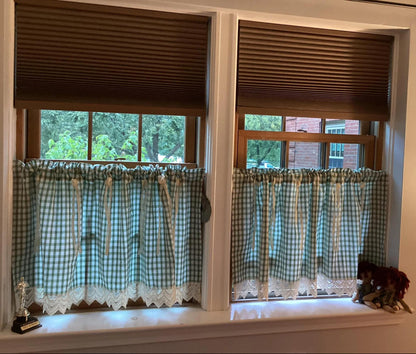 Green Gingham Cafe Curtains Valances with Lace, Farmhouse Country Kitchen Short Curtains, Cotton Linen Half Curtains, Custom Curtains Sizes