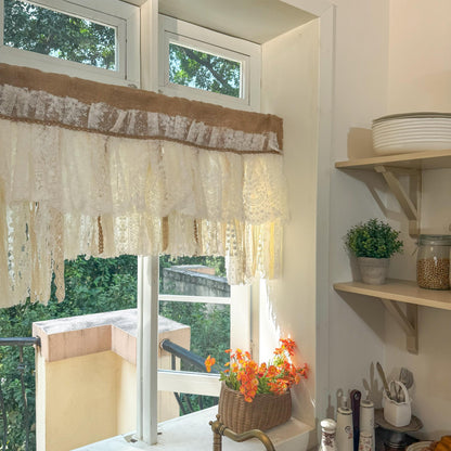 Rustic Unique Burlap Beige ivory Lace Valance, Burlap Farmhouse Kitchen Swag Window Curtain, Shabby Burlap Beige Lace Curtain, Custom Sizes