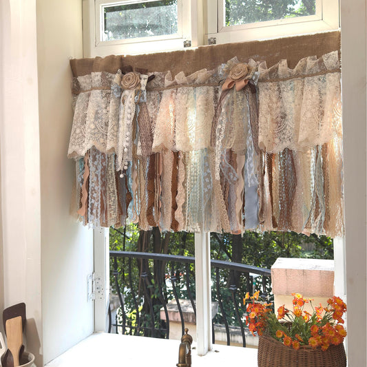 UDreamHome Custom Rustic Unique Burlap Beige Brown Blue Lace Valance