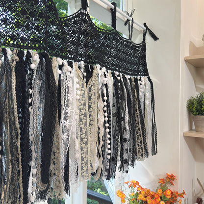 Hand Crochet Lace Valance, Rustic Shabby Chic Window Curtains Valance, Black White Gold Lace Valance, Farmhouse Country Kitchen Curtains