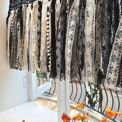 Hand Crochet Lace Valance, Rustic Shabby Chic Window Curtains Valance, Black White Gold Lace Valance, Farmhouse Country Kitchen Curtains
