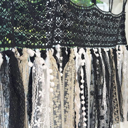 Hand Crochet Lace Valance, Rustic Shabby Chic Window Curtains Valance, Black White Gold Lace Valance, Farmhouse Country Kitchen Curtains