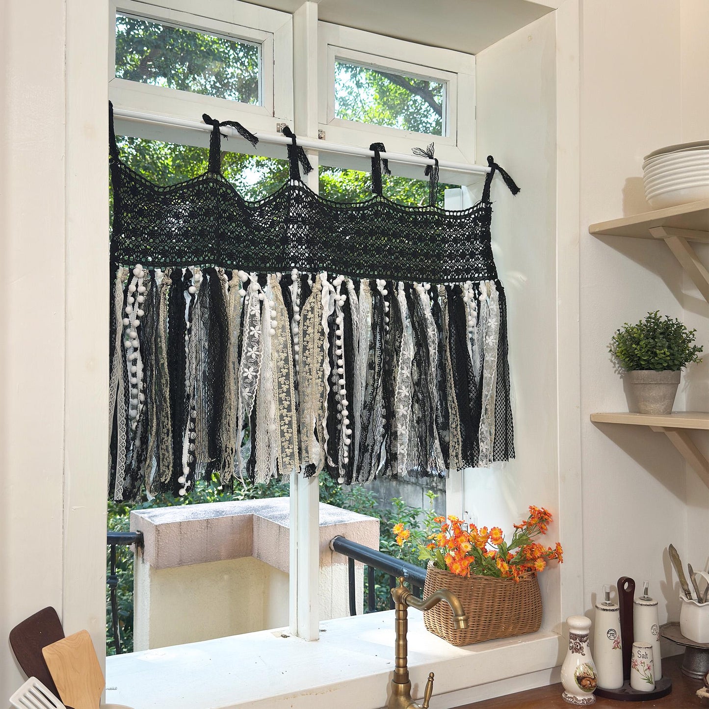 Hand Crochet Lace Valance, Rustic Shabby Chic Window Curtains Valance, Black White Gold Lace Valance, Farmhouse Country Kitchen Curtains