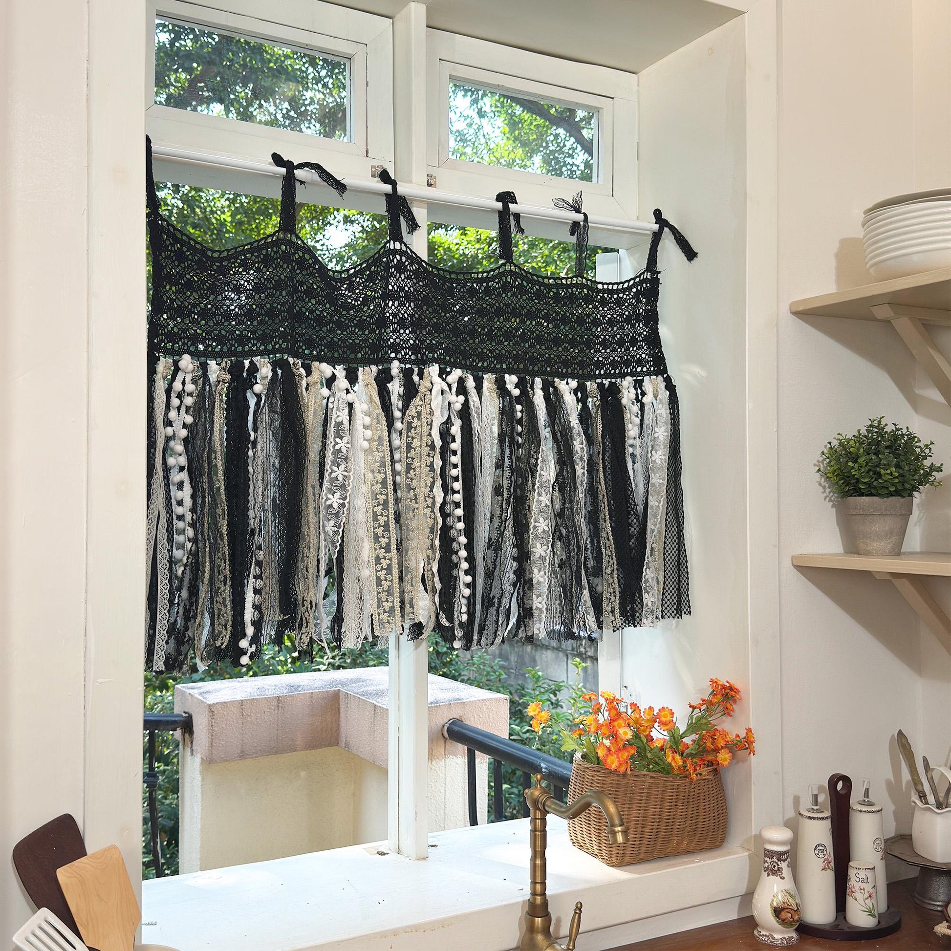 Hand Crochet Lace Valance, Rustic Shabby Chic Window Curtains Valance, Black White Gold Lace Valance, Farmhouse Country Kitchen Curtains