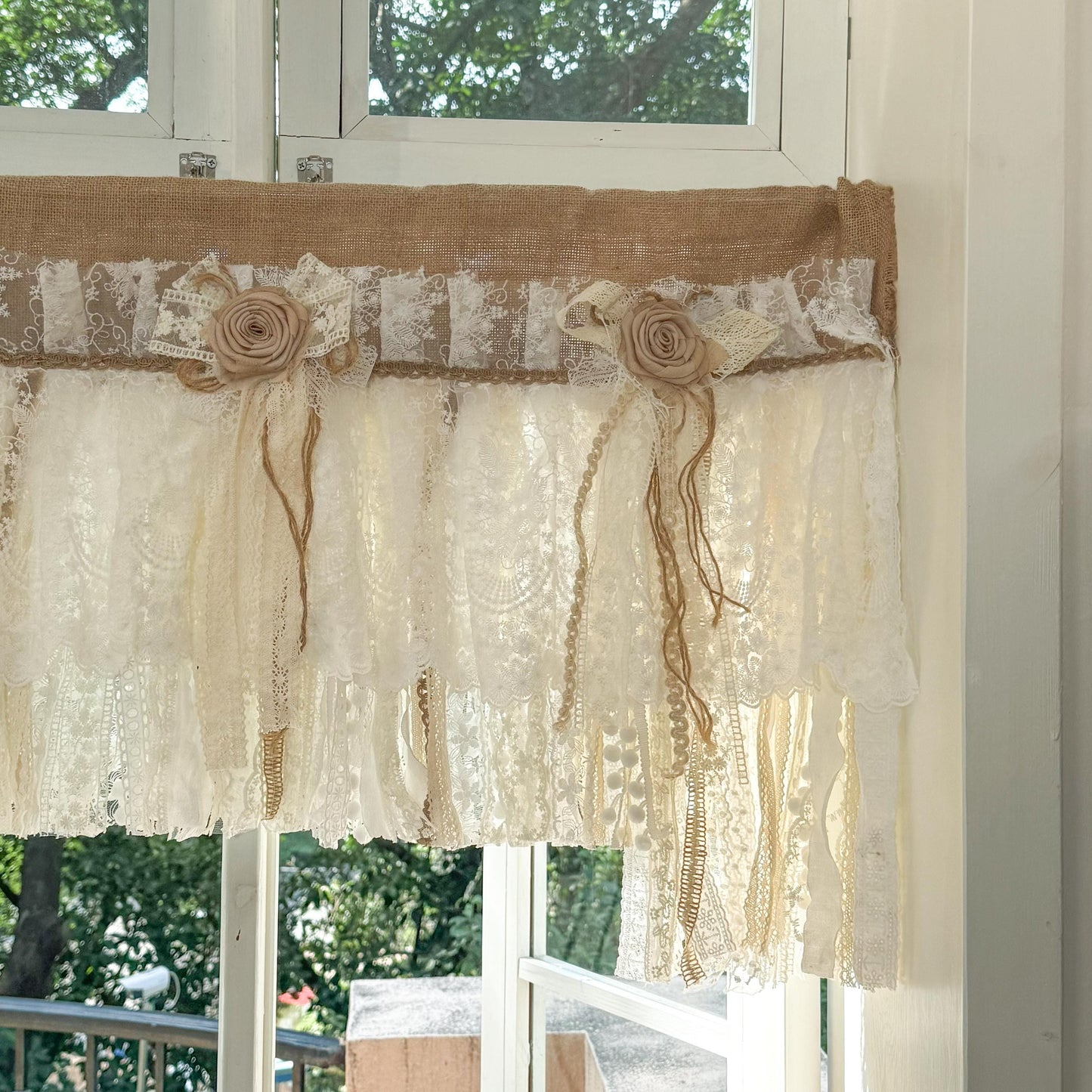 Rustic Unique Burlap Beige ivory Lace Valance, Burlap Farmhouse Kitchen Swag Window Curtain, Shabby Burlap Beige Lace Curtain, Custom Sizes