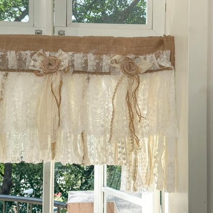 Rustic Unique Burlap Beige ivory Lace Valance, Burlap Farmhouse Kitchen Swag Window Curtain, Shabby Burlap Beige Lace Curtain, Custom Sizes