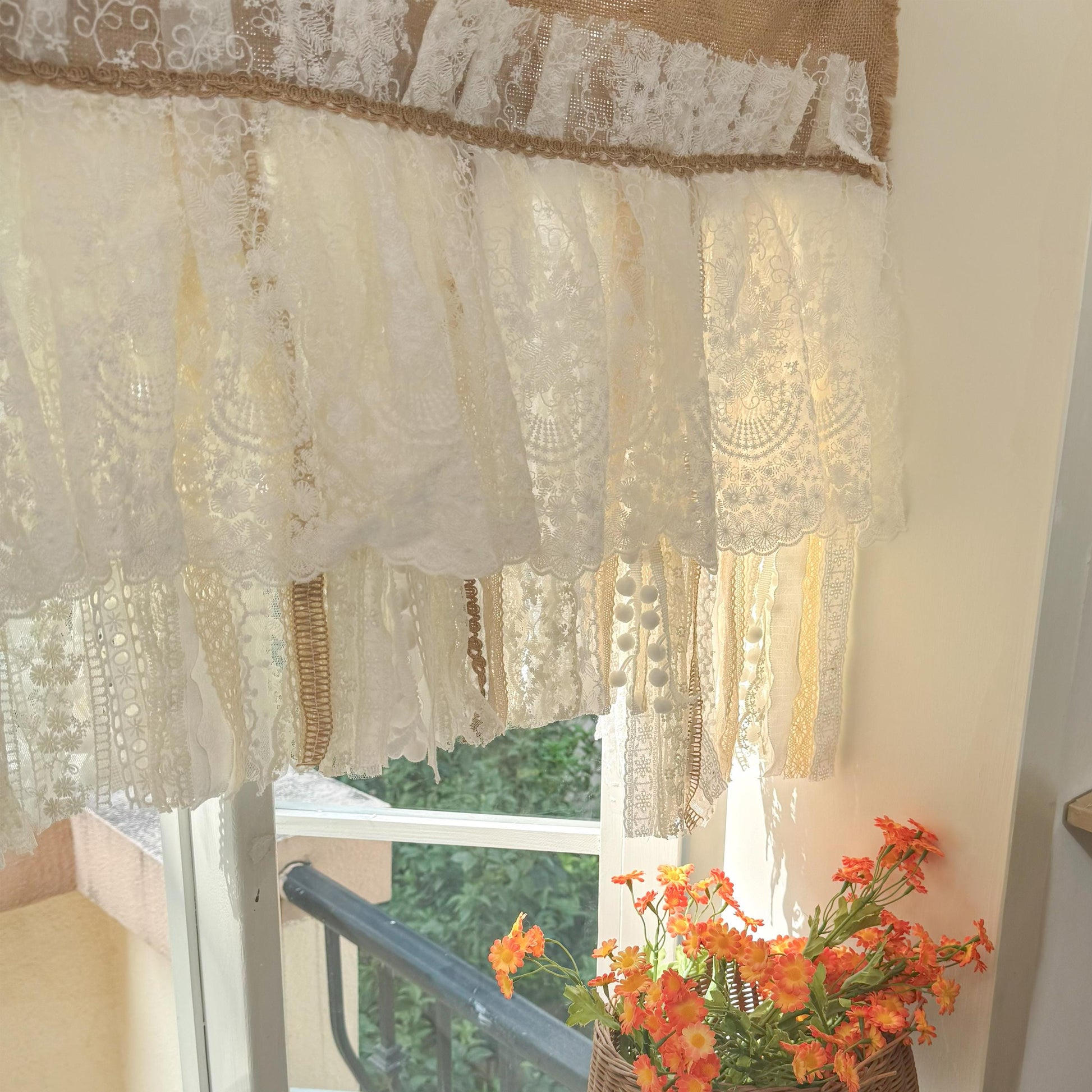 Rustic Unique Burlap Beige ivory Lace Valance, Burlap Farmhouse Kitchen Swag Window Curtain, Shabby Burlap Beige Lace Curtain, Custom Sizes