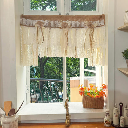 Rustic Unique Burlap Beige ivory Lace Valance, Burlap Farmhouse Kitchen Swag Window Curtain, Shabby Burlap Beige Lace Curtain, Custom Sizes