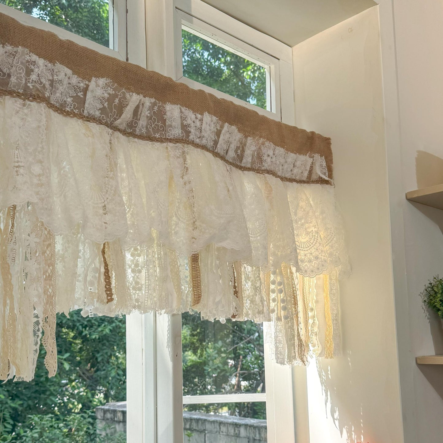 Rustic Unique Burlap Beige ivory Lace Valance, Burlap Farmhouse Kitchen Swag Window Curtain, Shabby Burlap Beige Lace Curtain, Custom Sizes