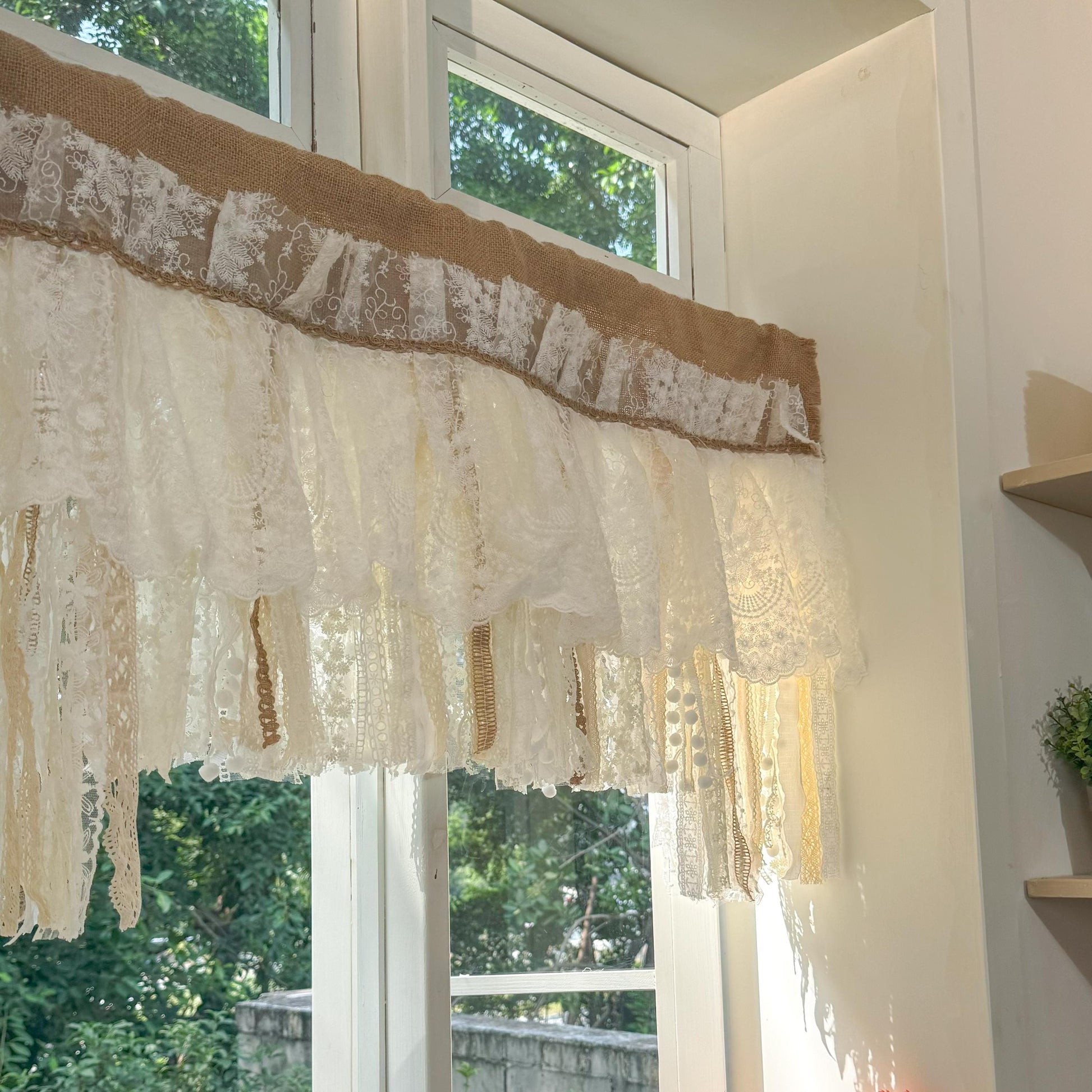 Rustic Unique Burlap Beige ivory Lace Valance, Burlap Farmhouse Kitchen Swag Window Curtain, Shabby Burlap Beige Lace Curtain, Custom Sizes
