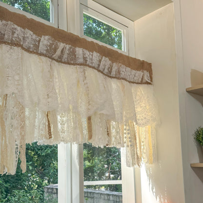 Rustic Unique Burlap Beige ivory Lace Valance, Burlap Farmhouse Kitchen Swag Window Curtain, Shabby Burlap Beige Lace Curtain, Custom Sizes