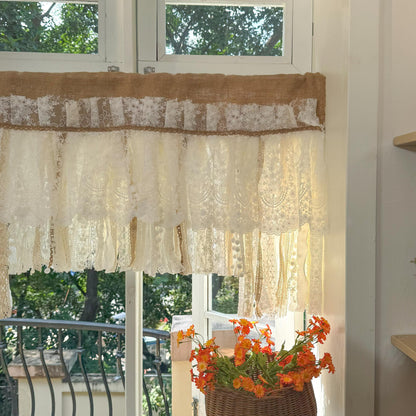Rustic Unique Burlap Beige ivory Lace Valance, Burlap Farmhouse Kitchen Swag Window Curtain, Shabby Burlap Beige Lace Curtain, Custom Sizes