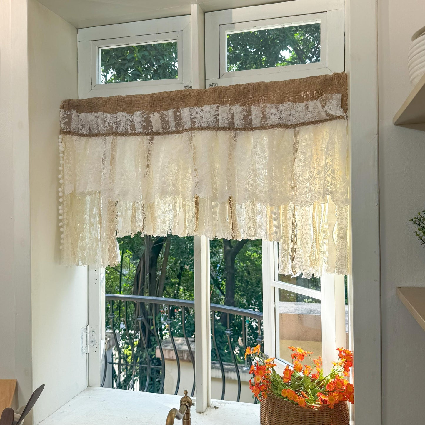 Rustic Unique Burlap Beige ivory Lace Valance, Burlap Farmhouse Kitchen Swag Window Curtain, Shabby Burlap Beige Lace Curtain, Custom Sizes