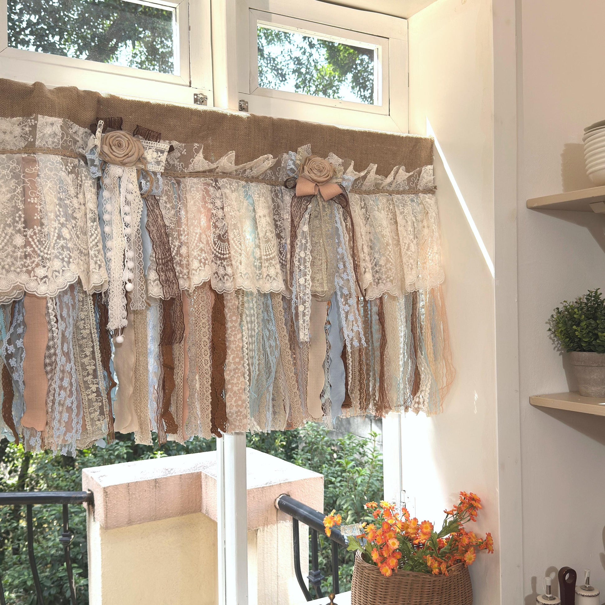 UDreamHome Custom Rustic Unique Burlap Beige Brown Blue Lace Valance