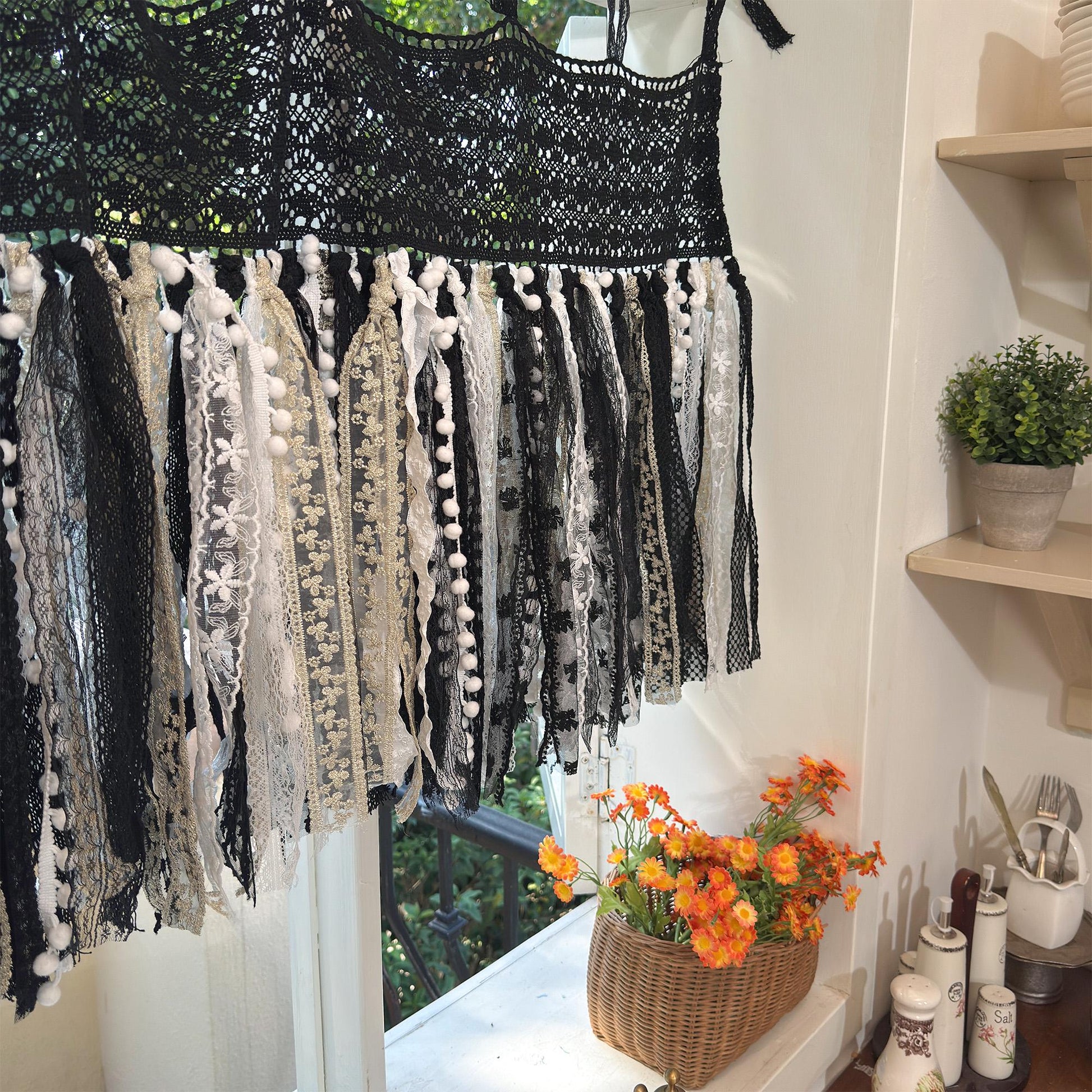 Hand Crochet Lace Valance, Rustic Shabby Chic Window Curtains Valance, Black White Gold Lace Valance, Farmhouse Country Kitchen Curtains