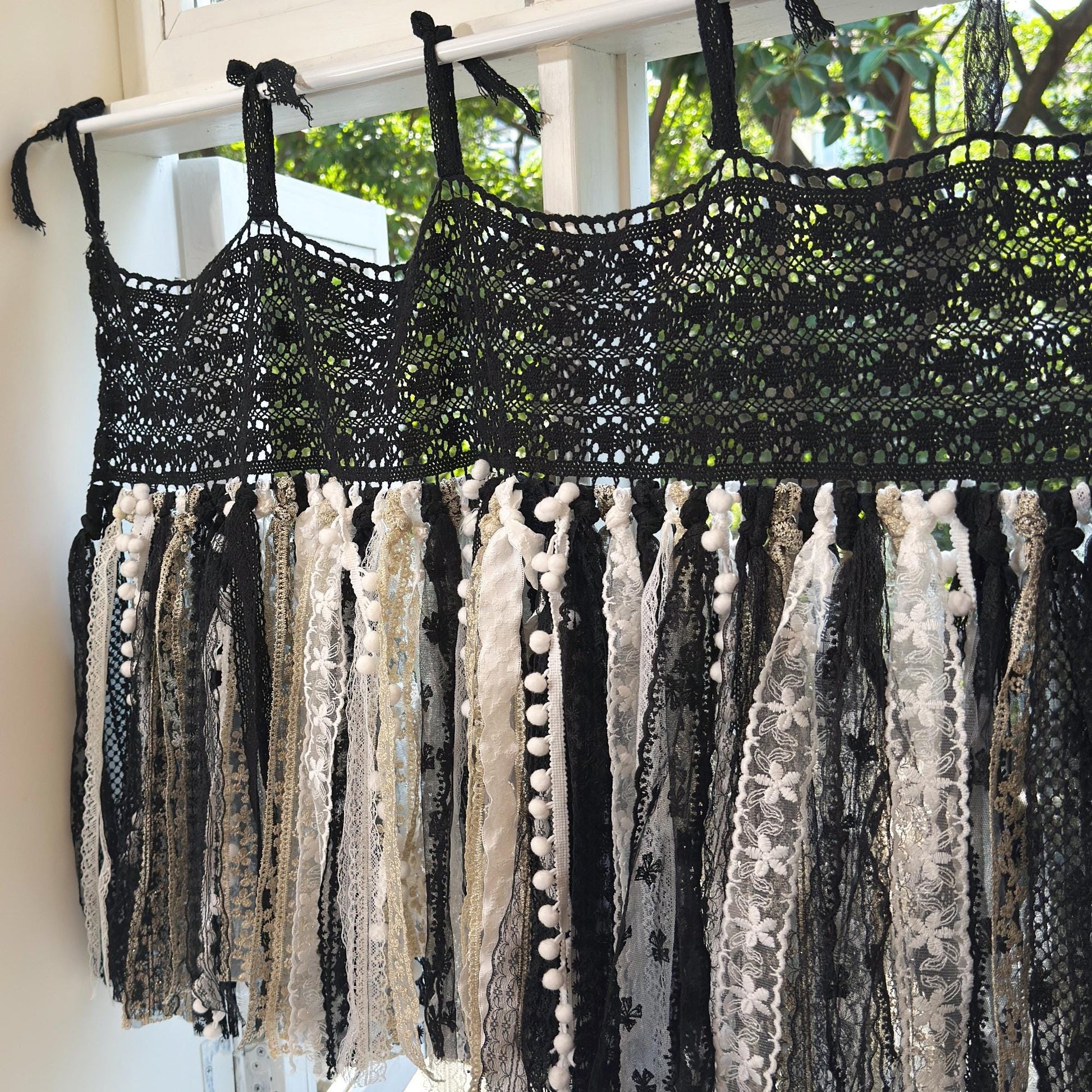 Hand Crochet Lace Valance, Rustic Shabby Chic Window Curtains Valance, Black White Gold Lace Valance, Farmhouse Country Kitchen Curtains