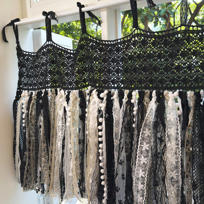 Hand Crochet Lace Valance, Rustic Shabby Chic Window Curtains Valance, Black White Gold Lace Valance, Farmhouse Country Kitchen Curtains