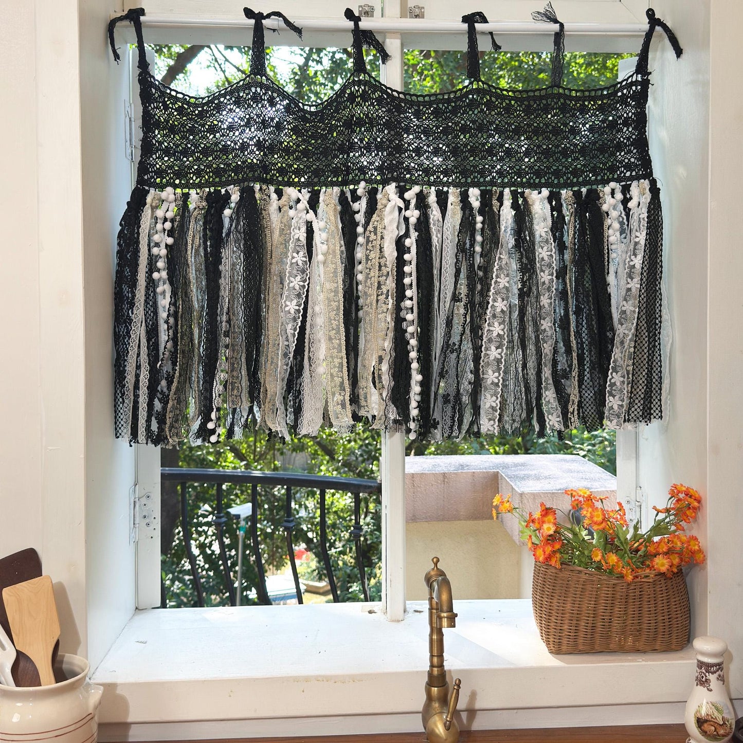 Hand Crochet Lace Valance, Rustic Shabby Chic Window Curtains Valance, Black White Gold Lace Valance, Farmhouse Country Kitchen Curtains