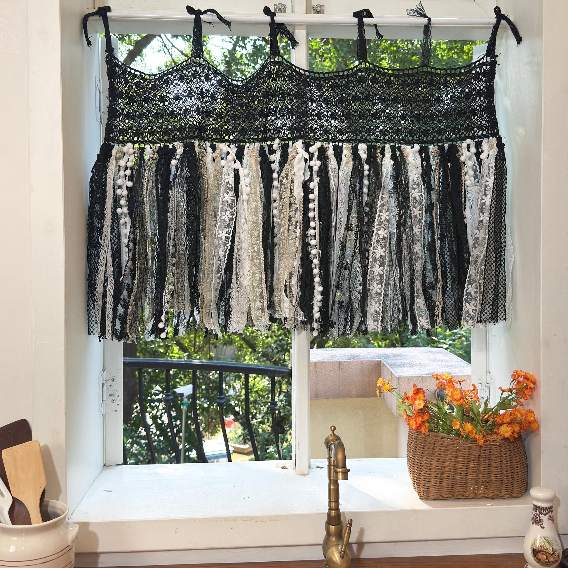 Hand Crochet Lace Valance, Rustic Shabby Chic Window Curtains Valance, Black White Gold Lace Valance, Farmhouse Country Kitchen Curtains