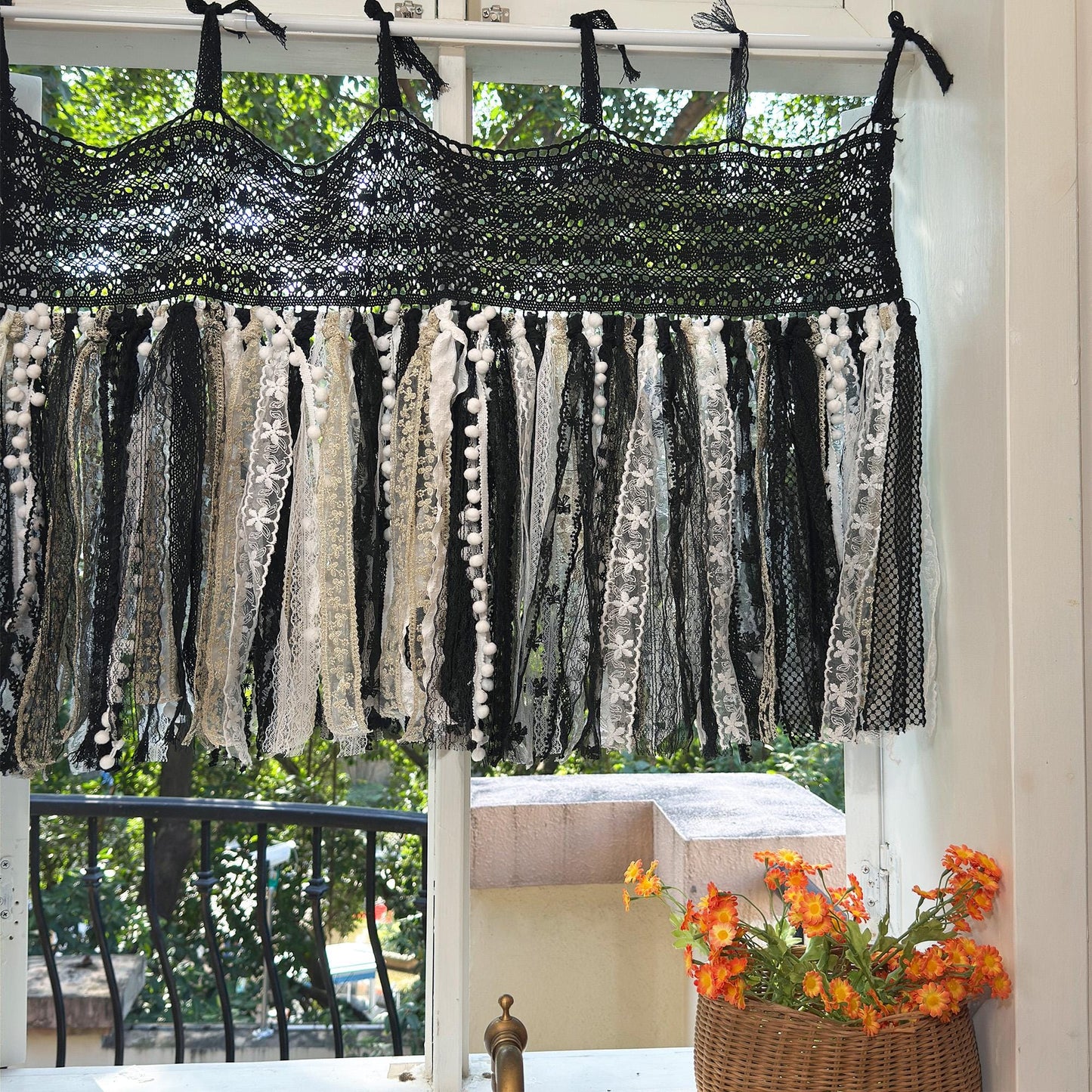 Hand Crochet Lace Valance, Rustic Shabby Chic Window Curtains Valance, Black White Gold Lace Valance, Farmhouse Country Kitchen Curtains