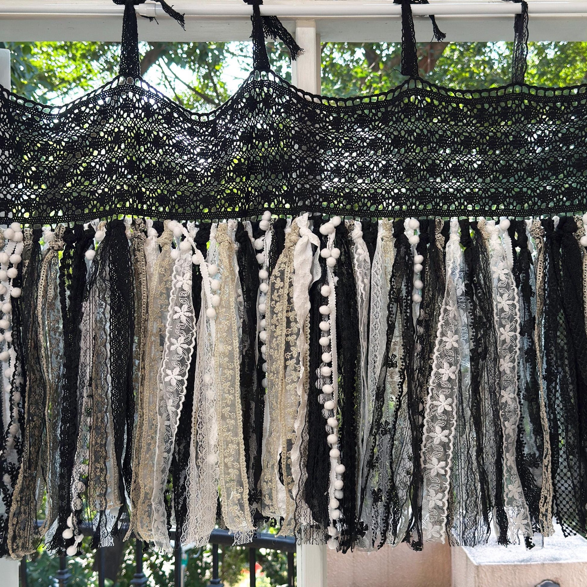 Hand Crochet Lace Valance, Rustic Shabby Chic Window Curtains Valance, Black White Gold Lace Valance, Farmhouse Country Kitchen Curtains