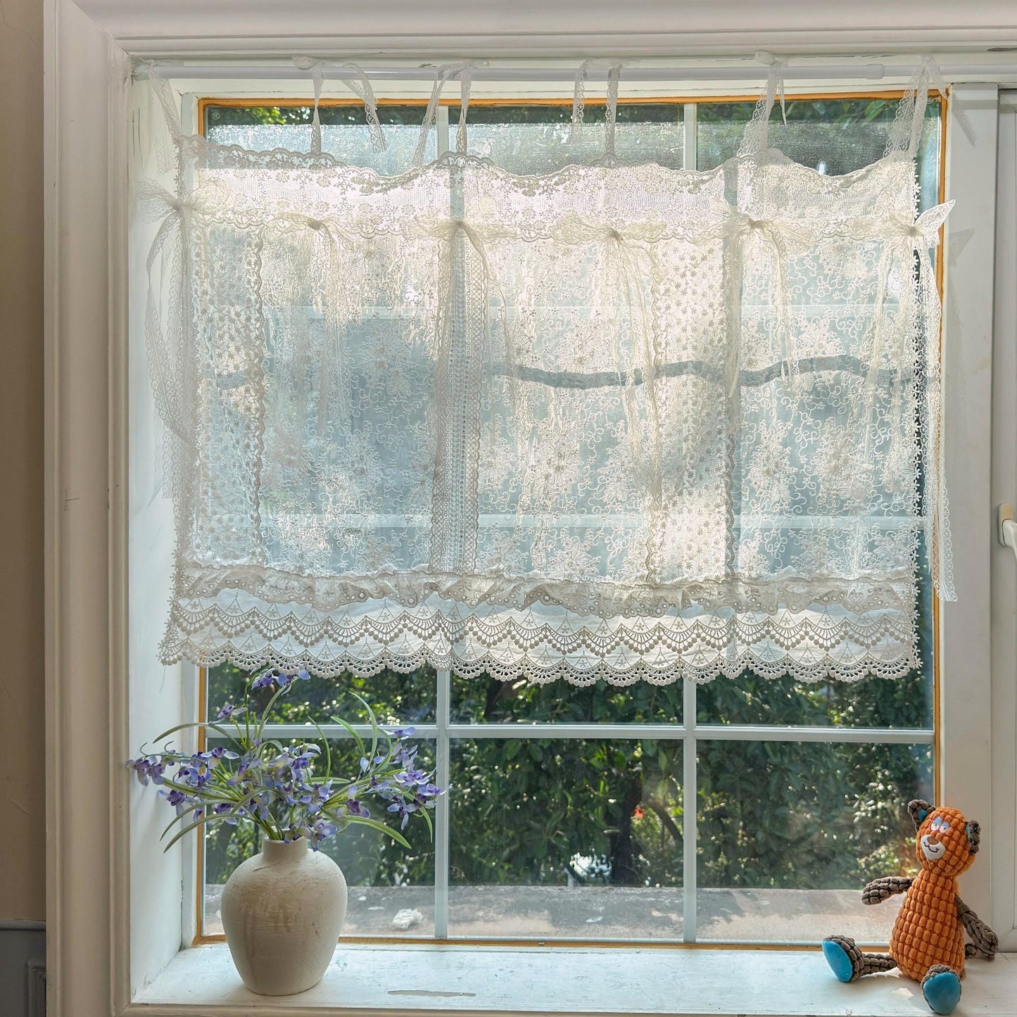Mediterranean Beach Shabby Chic White Farmhouse Lace Curtain Valance, Backdrop Decor, Embroidery Floral Patchwork Curtain, H-25in (65cm)