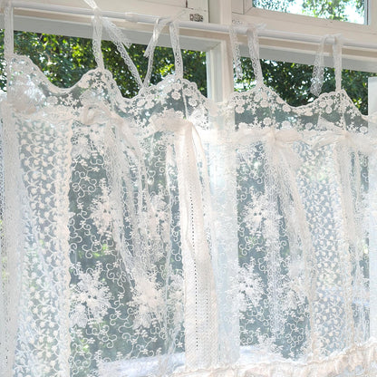 Mediterranean Beach Shabby Chic White Farmhouse Lace Curtain Valance, Backdrop Decor, Embroidery Floral Patchwork Curtain, H-25in (65cm)
