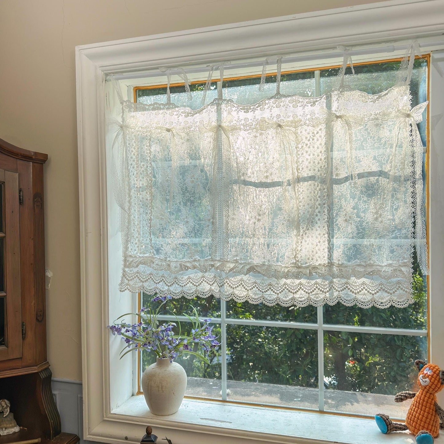 Mediterranean Beach Shabby Chic White Farmhouse Lace Curtain Valance, Backdrop Decor, Embroidery Floral Patchwork Curtain, H-25in (65cm)