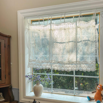 Mediterranean Beach Shabby Chic White Farmhouse Lace Curtain Valance, Backdrop Decor, Embroidery Floral Patchwork Curtain, H-25in (65cm)