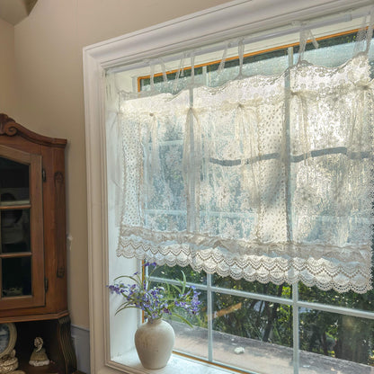 Mediterranean Beach Shabby Chic White Farmhouse Lace Curtain Valance, Backdrop Decor, Embroidery Floral Patchwork Curtain, H-25in (65cm)