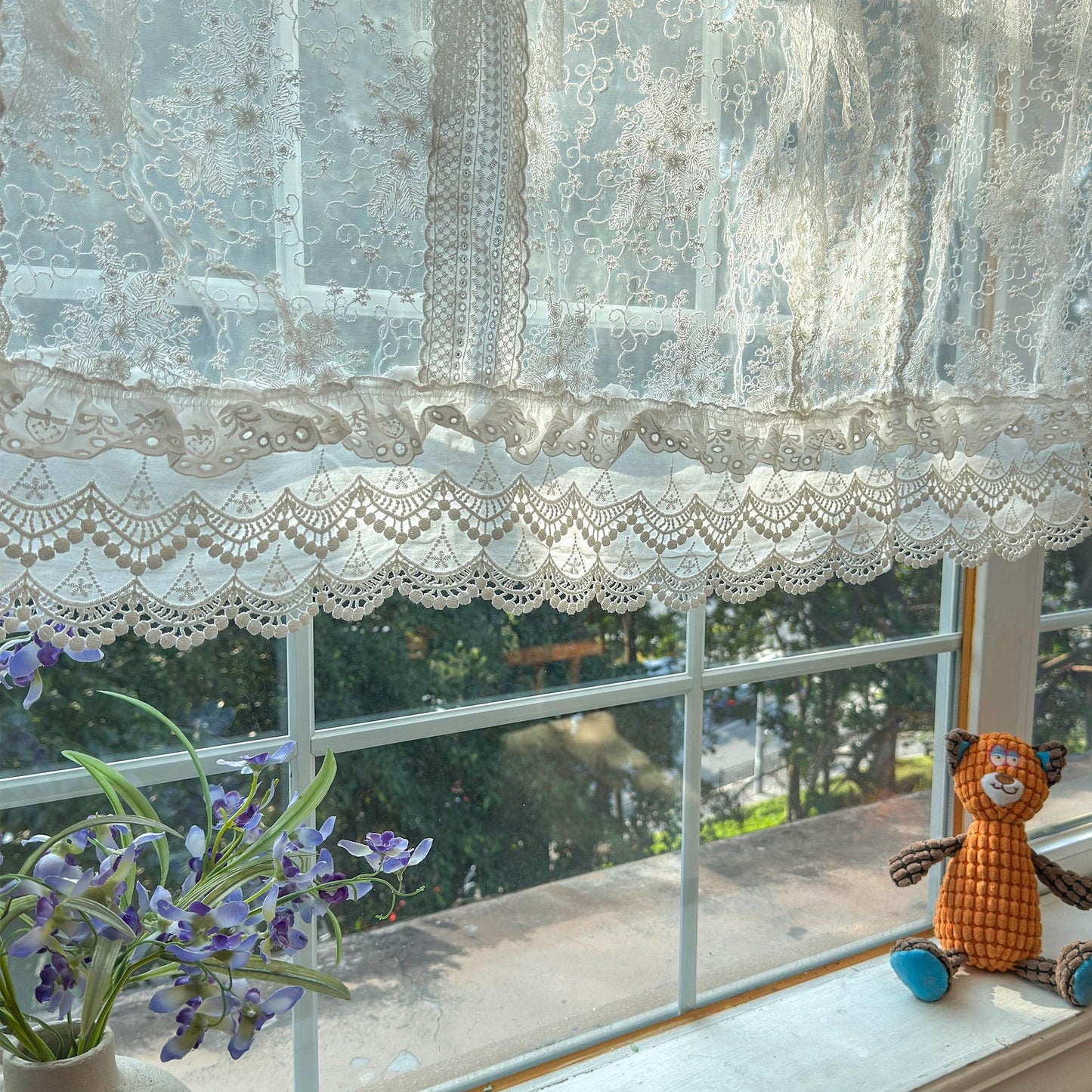 Mediterranean Beach Shabby Chic White Farmhouse Lace Curtain Valance, Backdrop Decor, Embroidery Floral Patchwork Curtain, H-25in (65cm)