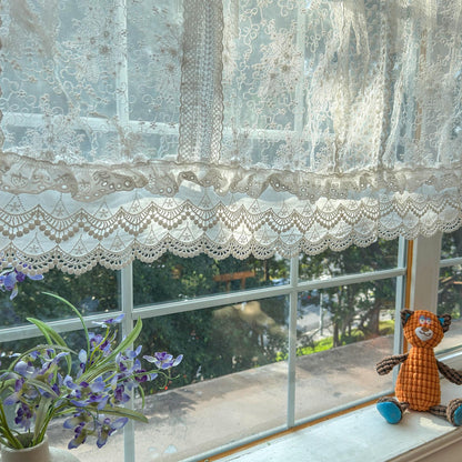 Mediterranean Beach Shabby Chic White Farmhouse Lace Curtain Valance, Backdrop Decor, Embroidery Floral Patchwork Curtain, H-25in (65cm)