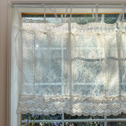 Mediterranean Beach Shabby Chic White Farmhouse Lace Curtain Valance, Backdrop Decor, Embroidery Floral Patchwork Curtain, H-25in (65cm)