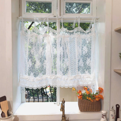 Mediterranean Beach Shabby Chic White Farmhouse Lace Curtain Valance, Backdrop Decor, Embroidery Floral Patchwork Curtain, H-25in (65cm)