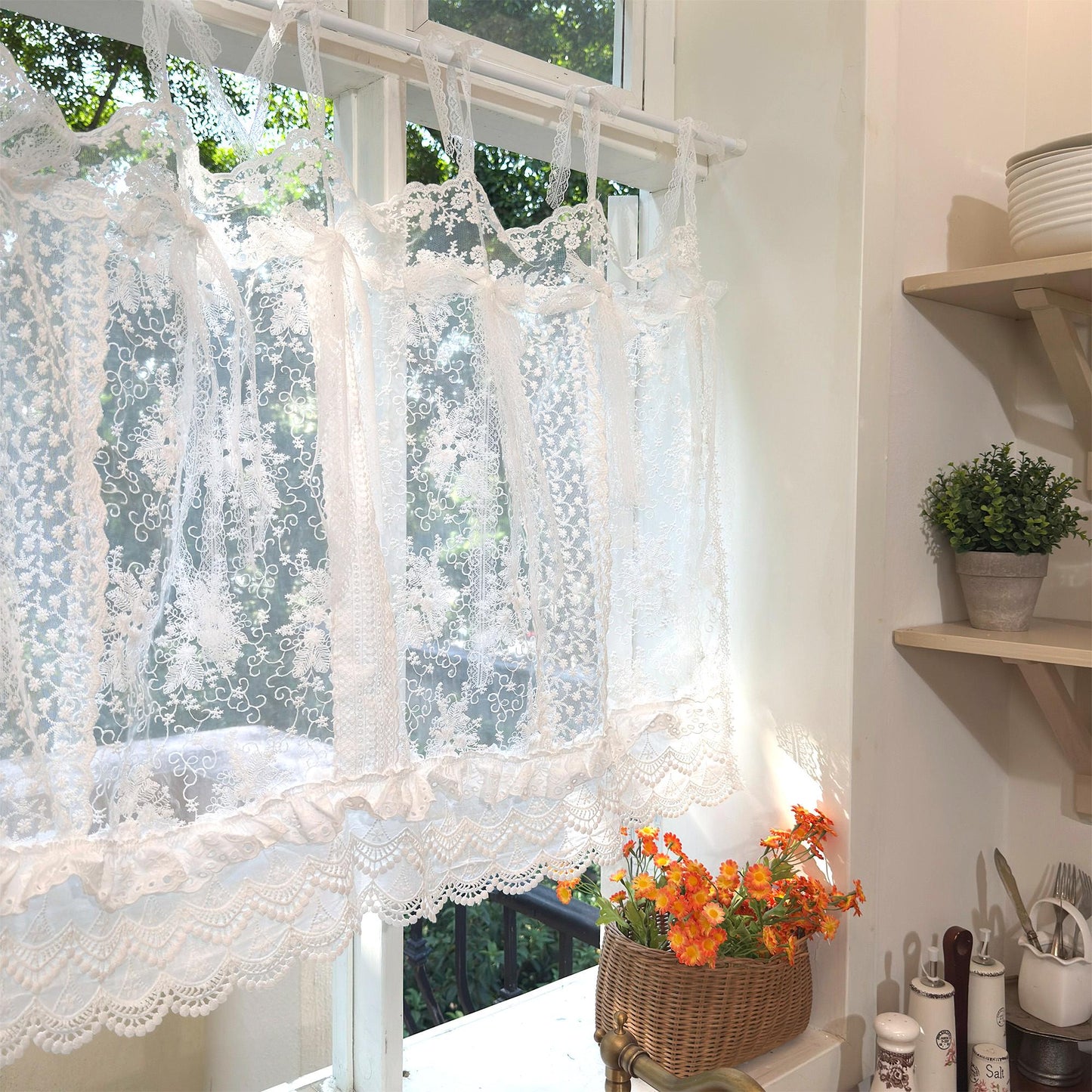 Mediterranean Beach Shabby Chic White Farmhouse Lace Curtain Valance, Backdrop Decor, Embroidery Floral Patchwork Curtain, H-25in (65cm)
