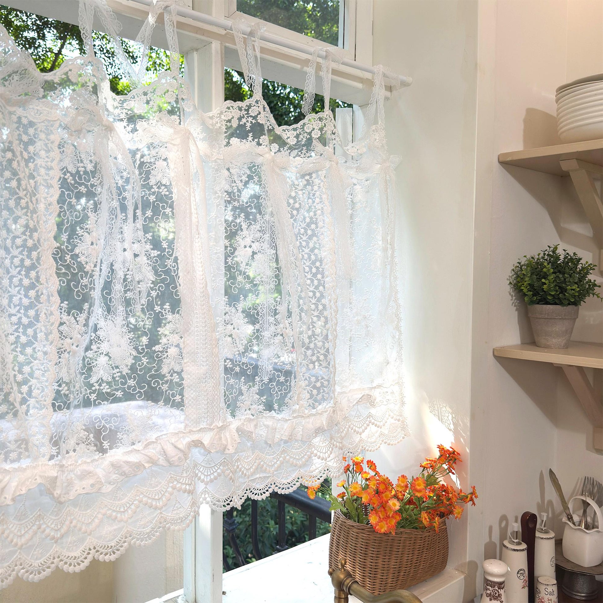 Mediterranean Beach Shabby Chic White Farmhouse Lace Curtain Valance, Backdrop Decor, Embroidery Floral Patchwork Curtain, H-25in (65cm)