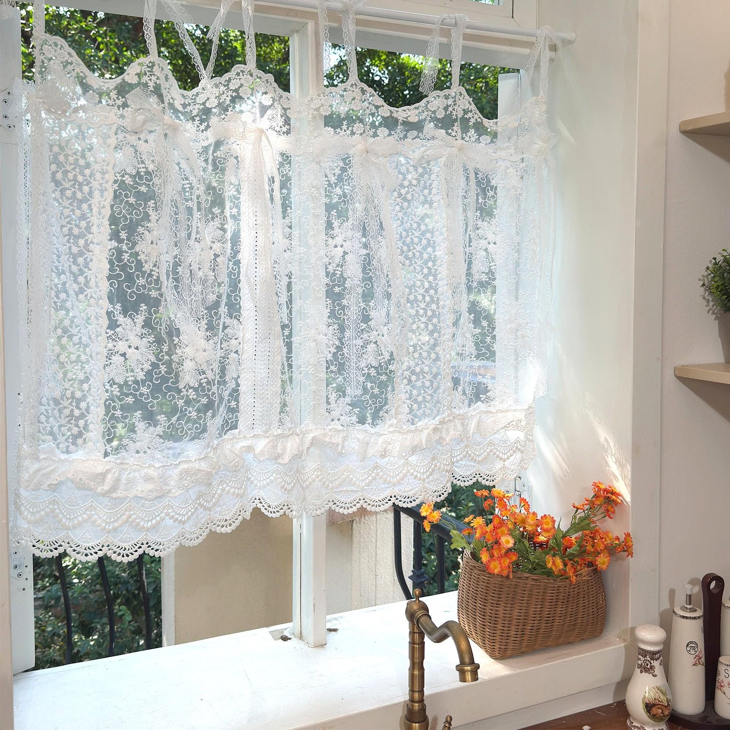 Mediterranean Beach Shabby Chic White Farmhouse Lace Curtain Valance, Backdrop Decor, Embroidery Floral Patchwork Curtain, H-25in (65cm)