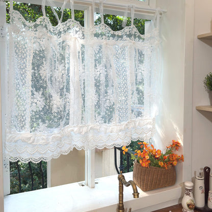 Mediterranean Beach Shabby Chic White Farmhouse Lace Curtain Valance, Backdrop Decor, Embroidery Floral Patchwork Curtain, H-25in (65cm)