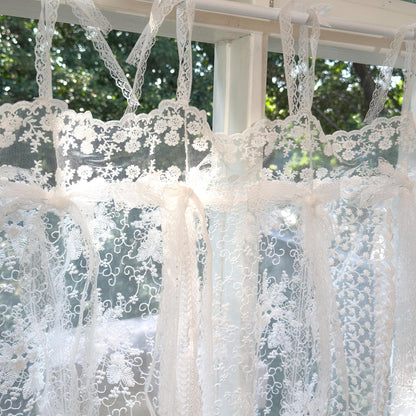 Mediterranean Beach Shabby Chic White Farmhouse Lace Curtain Valance, Backdrop Decor, Embroidery Floral Patchwork Curtain, H-25in (65cm)