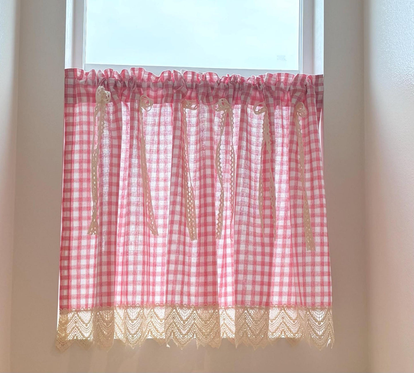 Green Gingham Cafe Curtains Valances with Lace, Farmhouse Country Kitchen Short Curtains, Cotton Linen Half Curtains, Custom Curtains Sizes