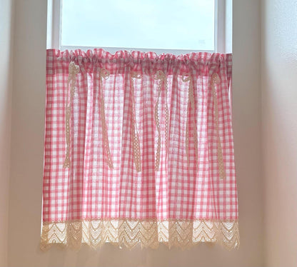 Green Gingham Cafe Curtains Valances with Lace, Farmhouse Country Kitchen Short Curtains, Cotton Linen Half Curtains, Custom Curtains Sizes