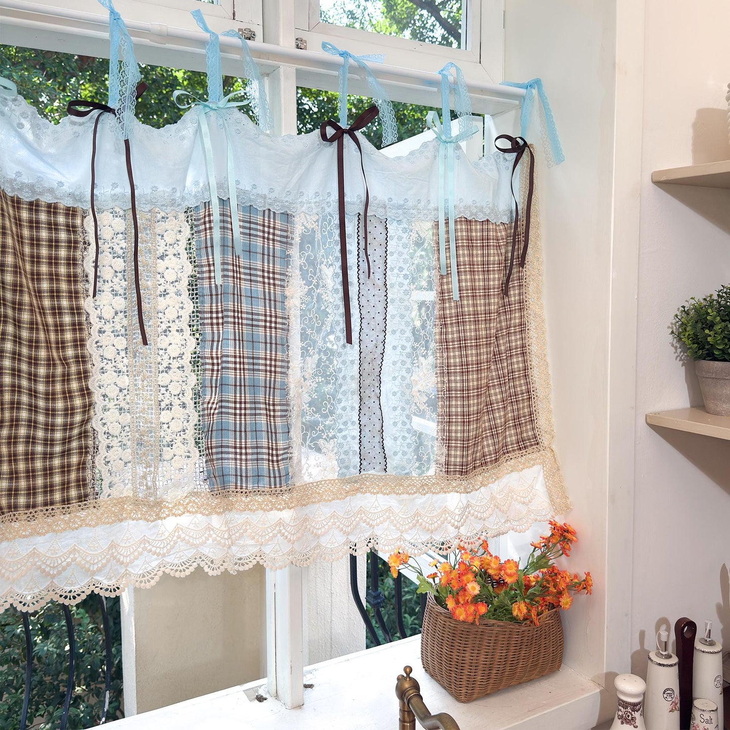 Handmade Blue Brown Patchwork Lace Curtain Valance, Gingham Cafe Curtains with Embroidery Lace, Farmhouse Kitchen Curtains, H-26in (65cm)