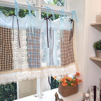 Handmade Blue Brown Patchwork Lace Curtain Valance, Gingham Cafe Curtains with Embroidery Lace, Farmhouse Kitchen Curtains, H-26in (65cm)