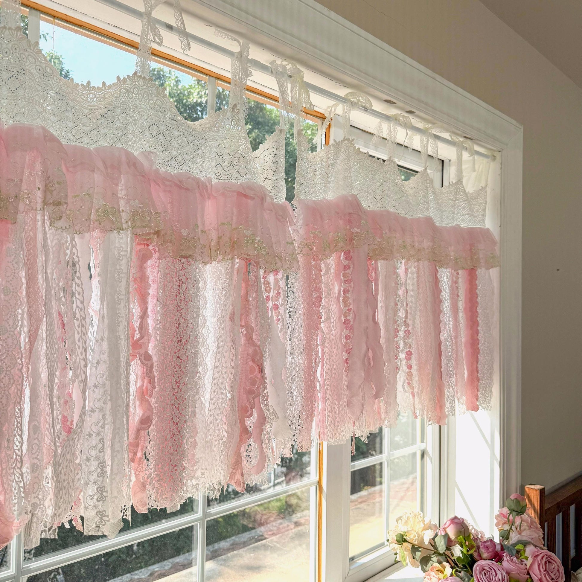 Romantic Embroidery Rose Curtain Valance, Shabby Light Pink Lace Valance, Cafe Curtain, Farmhouse Country Kitchen Curtains,H-25inch (63cm)