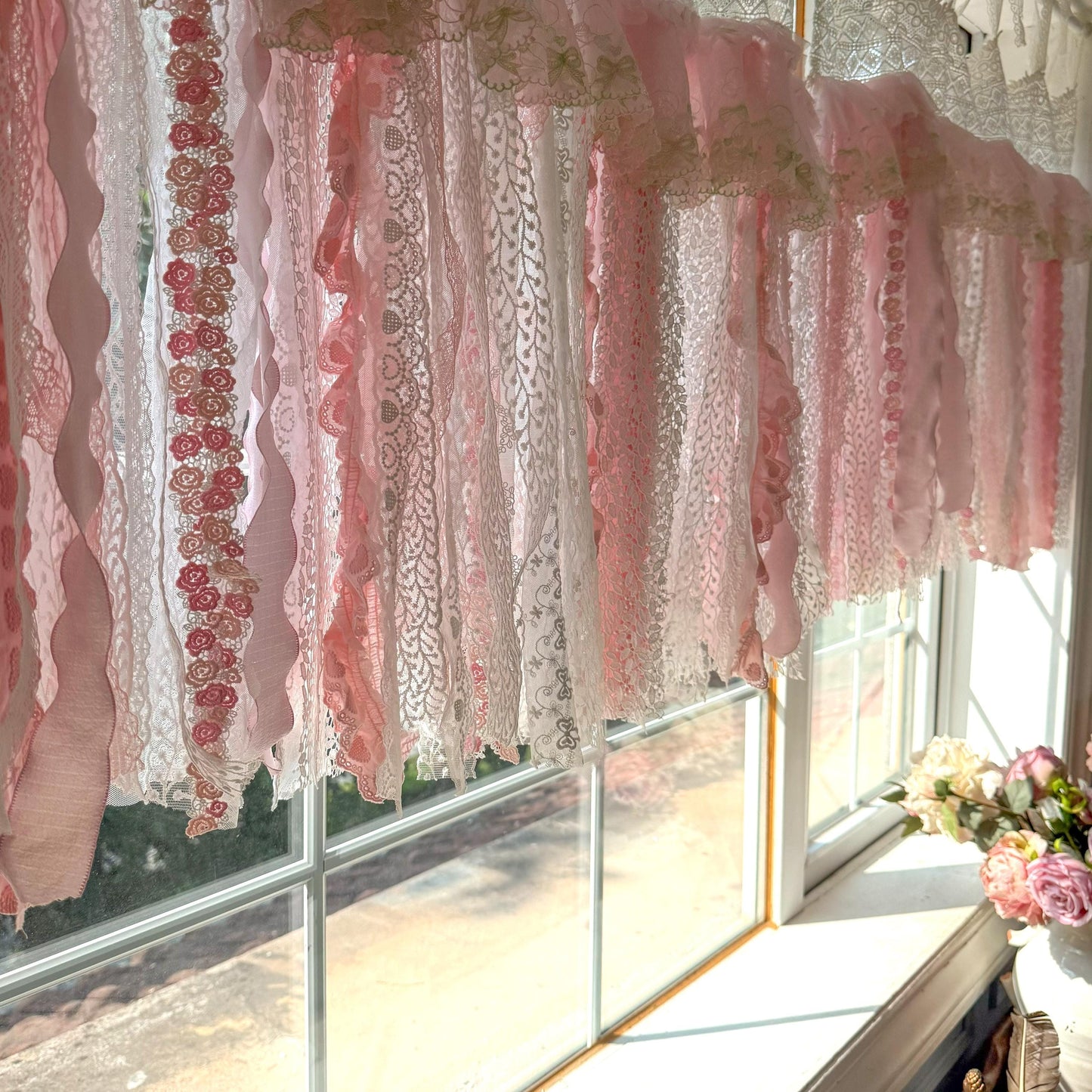 Romantic Embroidery Rose Curtain Valance, Shabby Light Pink Lace Valance, Cafe Curtain, Farmhouse Country Kitchen Curtains,H-25inch (63cm)