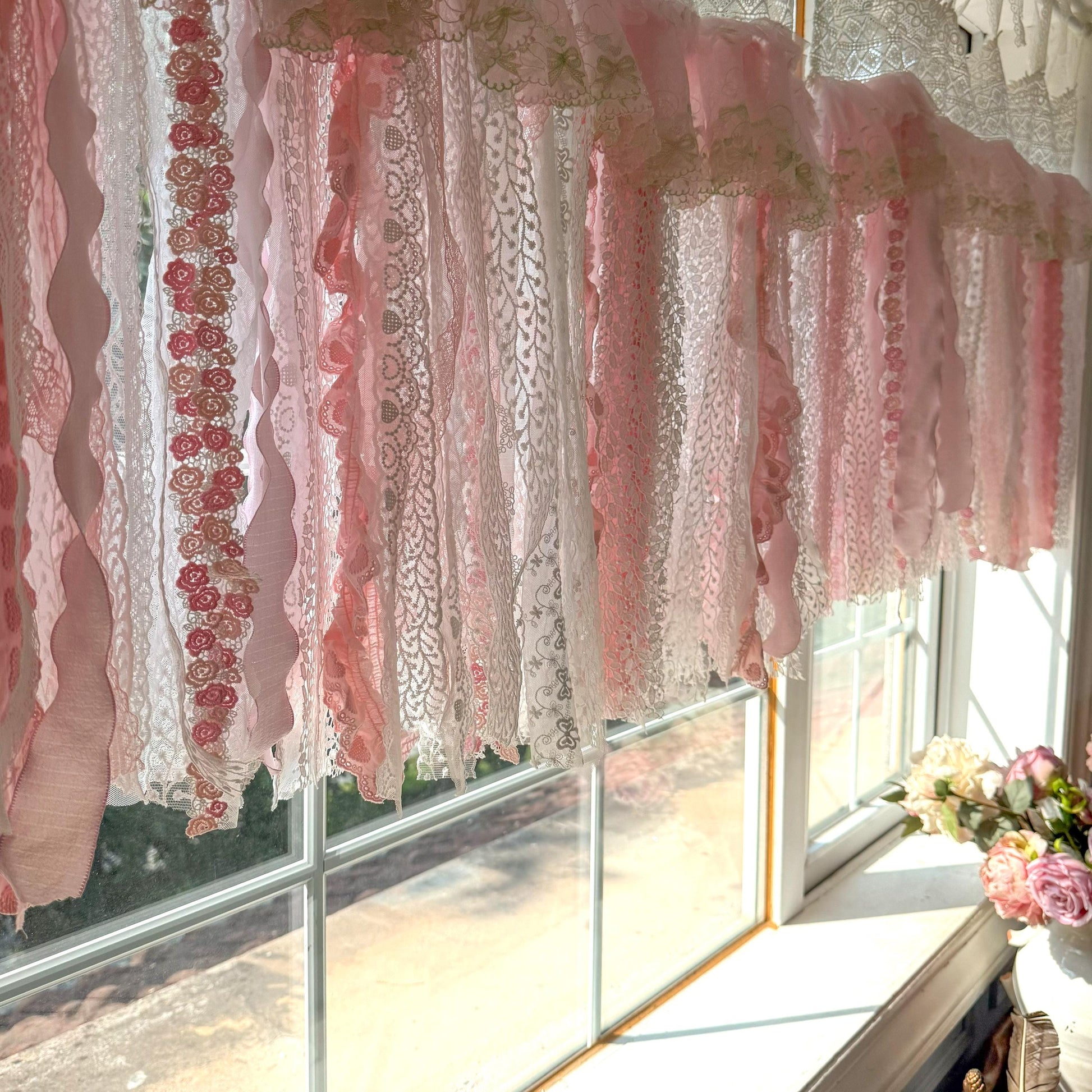 Romantic Embroidery Rose Curtain Valance, Shabby Light Pink Lace Valance, Cafe Curtain, Farmhouse Country Kitchen Curtains,H-25inch (63cm)