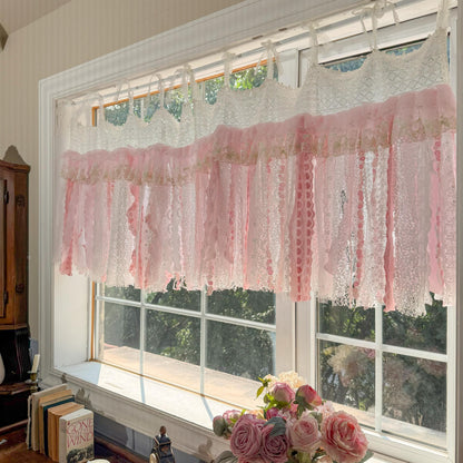 Romantic Embroidery Rose Curtain Valance, Shabby Light Pink Lace Valance, Cafe Curtain, Farmhouse Country Kitchen Curtains,H-25inch (63cm)